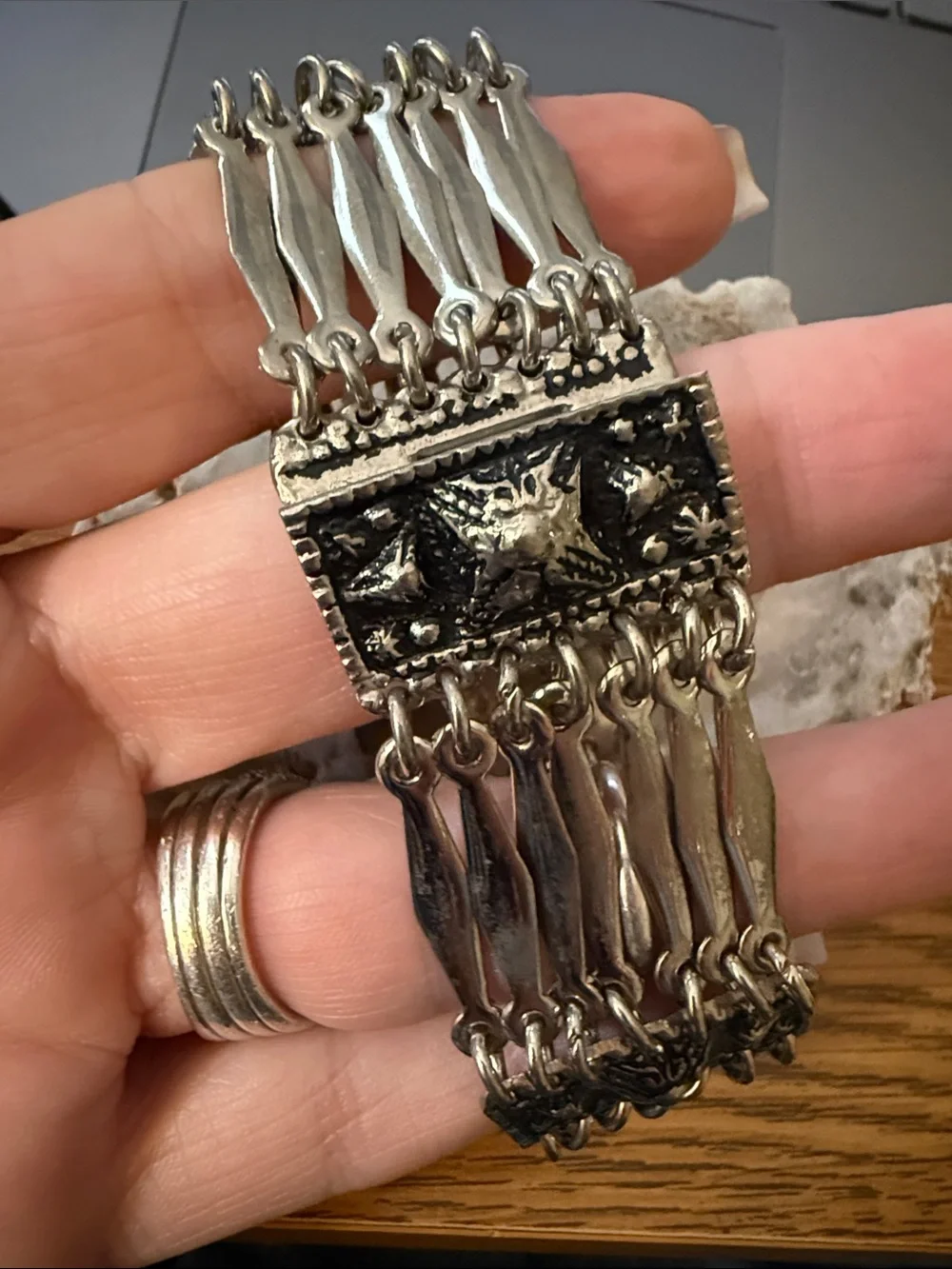 Mexico Art Deco Wide Panel Link Bracelet Signed Bohemian